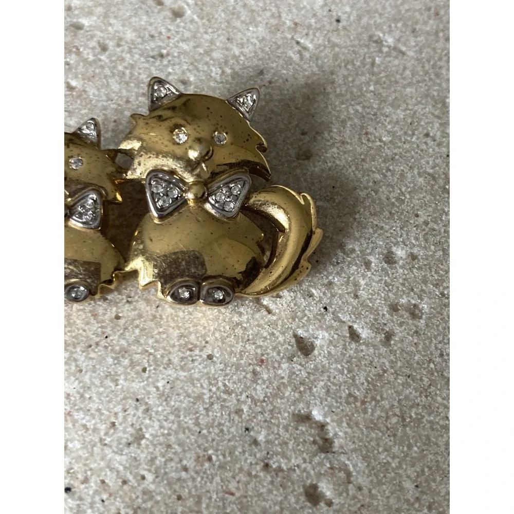 Gold Tone Cat Brooch Pin Rhinestone‎ Bow Mother Kitten Whimsical Novelty